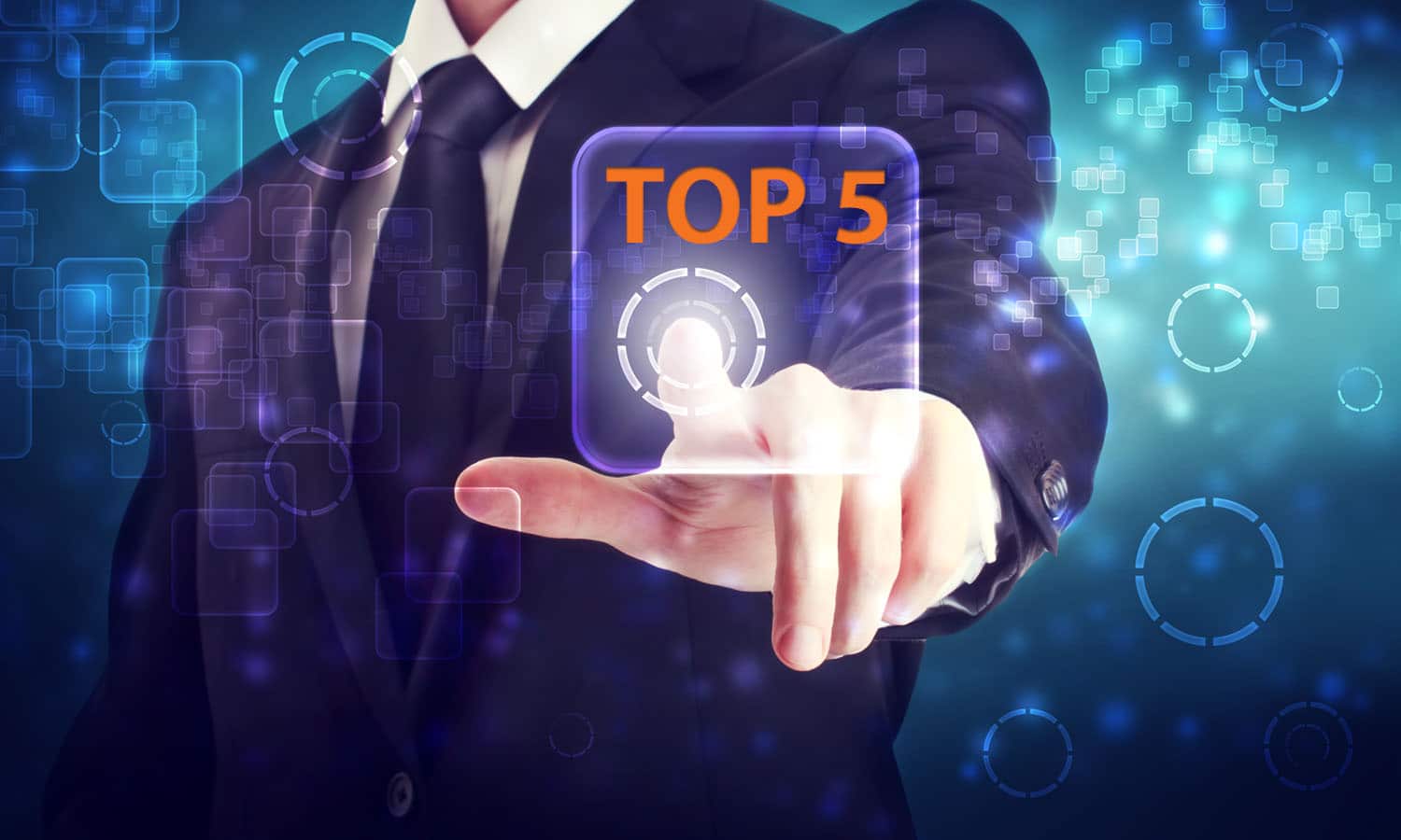 A businessman presses a button that says “Top 5” for an article about venture capital