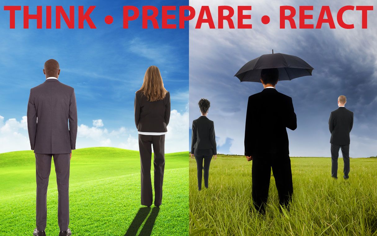 Illustration shows business owners in two settings: a sunny day and a rainy day.