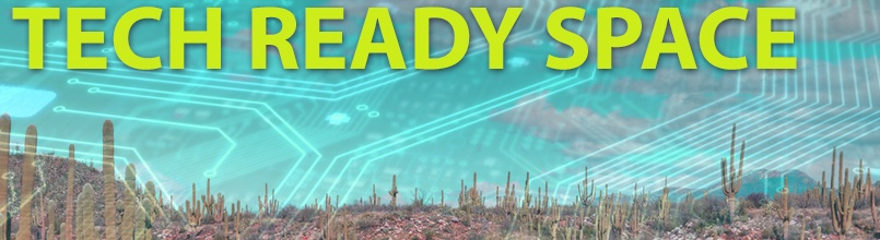 Tucson desert landscape with circuitry in the background is labeled “Tech Ready Space”