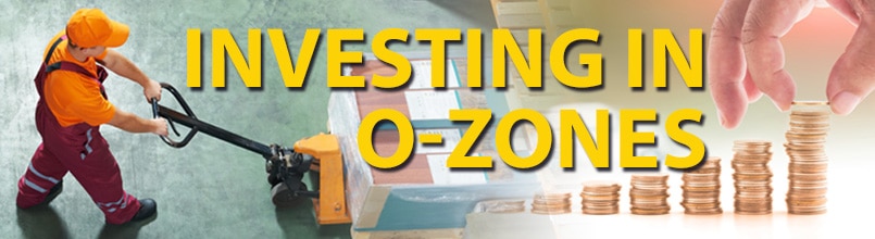 Warehouse worker and stacks of coins show the two benefits of Tucson O-Zone funds: Jobs and profits.