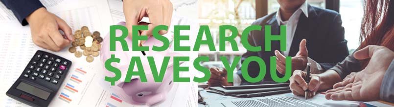 The words “Research Saves You” is over photos of professionals discussing whether to rent Tucson office space and putting coins in a piggy bank.