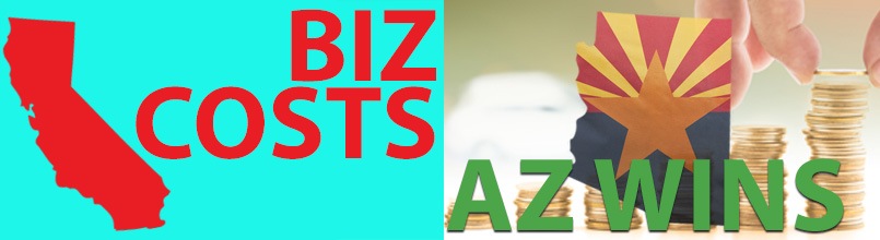 A drawing of California with the words “biz costs” is next to an illustration of stacks of coins and a drawing of Arizona with the words “AZ wins.”