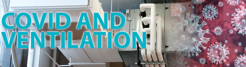 HVAC equipment and an illustration of the coronavirus are under the words “Covid and Ventiliation”