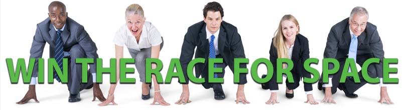 Business people line up to run above the words “win the race for space”