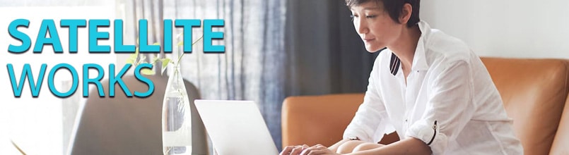 Photo of woman working on a computer from a sofa is under the words “Satellite Works.”